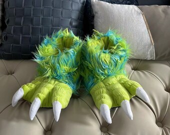 Cute Furry Dinosaur Paws Slippers, Warm Dino Slippers With Claws, Animal Feetpaw Slippers