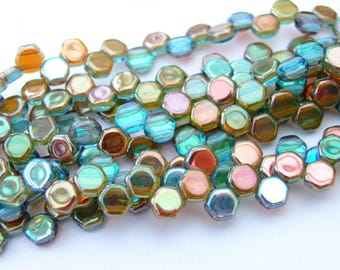 30x Czech Honeycomb Beads 6mm Hexagonal 2 Hole Aquamarine Orange Rainbow