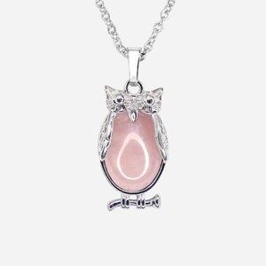 Mystic Gems Rosenquarz-Eulen-Anhänger-Halskette aus Naturedelstein, 50 cm, mit Beutel, Chakra-Reiki-Heilstein, KOSTENLOSER VERSAND INNERHALB GROSSBRITANNIENS