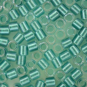 以下が含まれることがあります： ターコイズ色のガラスビーズのコレクションのクローズアップ。ビーズは円筒形とリング状で、表面に散らばっています。ビーズは、ジュエリー作りやその他のクラフトプロジェクトに使用される可能性があります。
