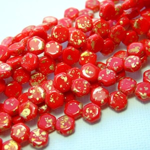 30x Czech Honeycomb Beads 6mm Hexagonal 2 Hole Gold Splash Red Opaque