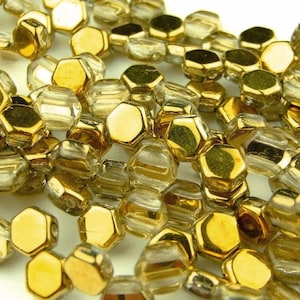 30x Czech Honeycomb Beads 6mm Hexagonal 2 Hole Crystal Amber