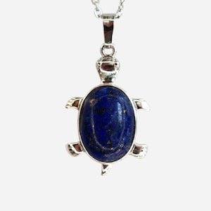 May include: A silver-toned turtle pendant necklace. The pendant features a dark blue, oval-shaped stone set within a turtle-shaped frame. The turtle's head and flippers are also silver-toned. The necklace chain is also silver.