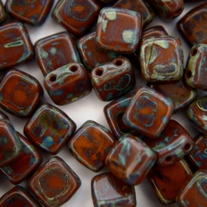 25pcs Czechmates Tile Beads Picasso Umber Square Two Hole 6x6mm Unique Beading Supplies Jewellery Making Czech Republic