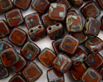 25x Czechmates Tegelkralen Picasso Umber Vierkant Twee Gaten 6 x 6 mm Unieke Kralenbenodigdheden Sieraden maken Tsjechië