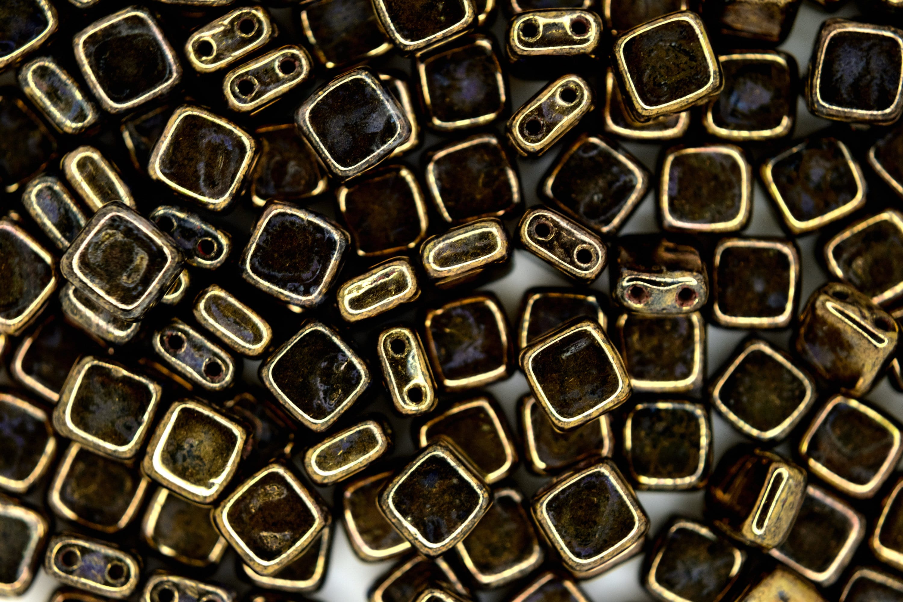 25x Czechmates Tile Beads Jet Bronze Picasso Square Two Hole 6x6mm