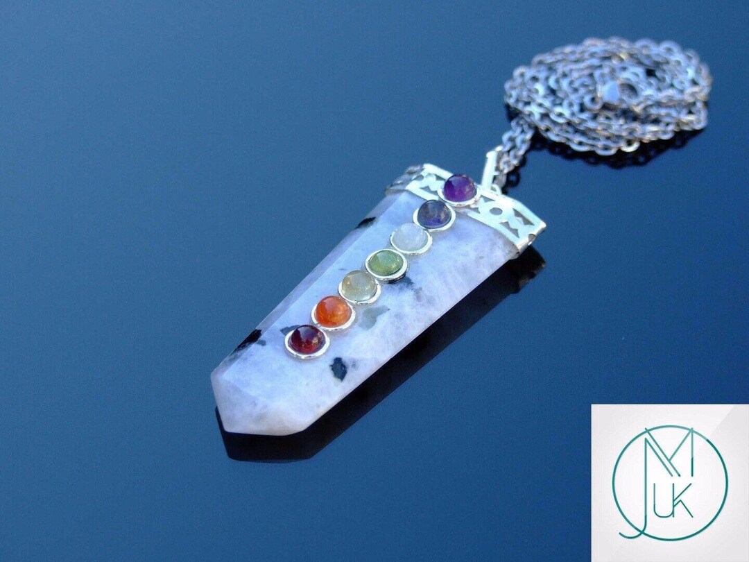 Rainbow Moonstone 7 Chakra Flat Natural Gemstone Pendant Necklace 50cm Healing Stone Chakra