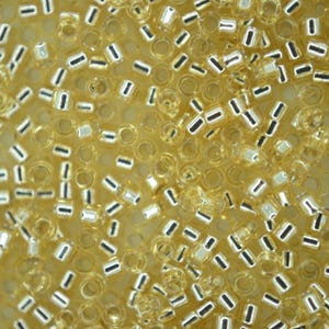 May include: Close-up of a golden-yellow surface densely covered with small, rectangular beads. The beads have a silver-coloured centre and are scattered among tiny, circular holes, creating a textured, decorative pattern. Suitable for jewellery making or craft projects.