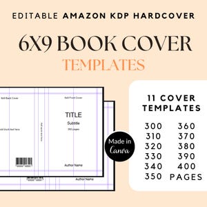 Könnte beinhalten: Bearbeitbare Amazon KDP Hardcover-Buchcover-Vorlagen. Das Bild zeigt eine 6x9 Buchcover-Vorlage mit einem Layout für die Vorder- und Rückseite. Das Bild enthält auch eine Liste von 11 Cover-Vorlagen mit Seitenzahlen von 300 bis 400 Seiten.
