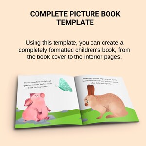 Puede incluir: Una plantilla de libro infantil abierto con ilustraciones de un cerdo, una mariposa y un conejo. El texto dice "COMPLETE PICTURE BOOK TEMPLATE" y explica c&oacute;mo crear un libro infantil formateado.