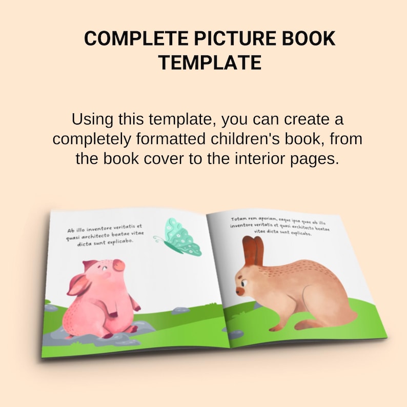 Puede incluir: Una plantilla de libro infantil abierto con ilustraciones de un cerdo, una mariposa y un conejo. El texto dice "COMPLETE PICTURE BOOK TEMPLATE" y explica c&oacute;mo crear un libro infantil formateado.