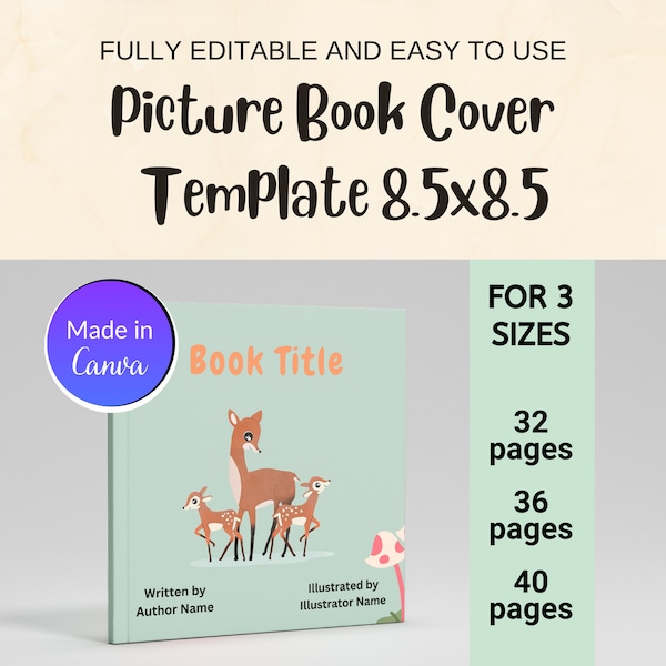 KDP Cover Template 8.5x8.5 ”, Premade Children's Book Cover, 32 36 40 Page Template, KDP Picture Book, Editable Canva KDP Cover Template