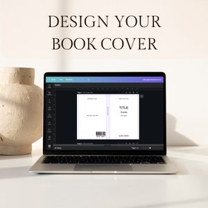 May include: A laptop computer screen displaying a book cover design template. The template shows a front and back cover with placeholders for the title, subtitle, author name, and page count. The text on the screen reads "TITLE Subtitle 200 pages Author Name".