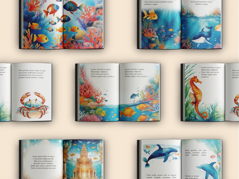 May include: A set of ten illustrated children's books with colourful images of sea creatures, coral reefs, and underwater scenes. The books feature text in Latin and English.