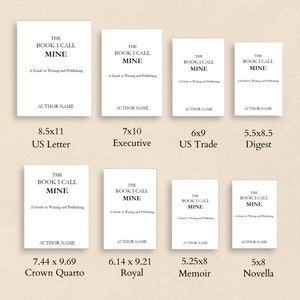 May include: A guide to writing and publishing book cover templates in various sizes, including US Letter, Executive, US Trade, Digest, Crown Quarto, Royal, Memoir, and Novella. The text on the cover reads "The Book I Call Mine".