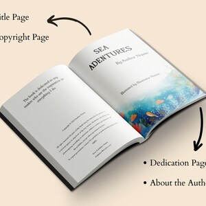 May include: An open book with a blue and green watercolour illustration of an underwater scene. The title page reads "SEA ADVENTURES" by "Author Name". The dedication page and about the author page are visible.