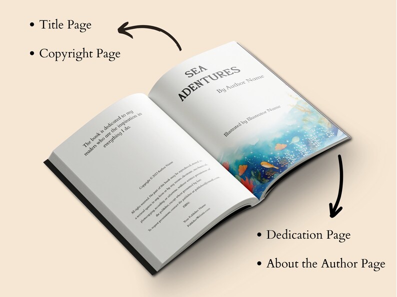 May include: An open book with a blue and green watercolour illustration of an underwater scene. The title page reads "SEA ADVENTURES" by "Author Name". The dedication page and about the author page are visible.