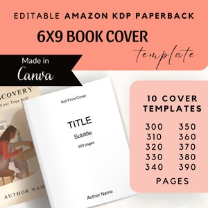May include: A pink and white template for a 6x9 inch book cover. The template includes space for the title, subtitle, author name, and page count. The text "Made in Canva" is in a black box at the top left corner of the image. The text "template" is in a black box at the top right corner of the image. The text "10 COVER TEMPLATES" is in a black box at the top right corner of the image. The text "300 350 310 360 320 370 330 380 340 390 PAGES" is in a black box at the bottom right corner of the image.