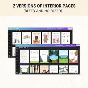 May include: Two versions of interior pages for a children's book, one with bleed and one without. The pages feature illustrations of animals, nature scenes, and text. The top row shows a fox wearing a party hat, a gift box, a lion with a crown, a bear holding a balloon, a fox and a bird, and a clock with flags. The bottom row shows a page with a floral pattern, a blank page with the text "Story Title", a forest scene with a lake, a forest scene with a mountain, a fox running through the forest, a squirrel in a tree, a raccoon in the forest, a bird in a tree, and a page with a cloud and a tree.