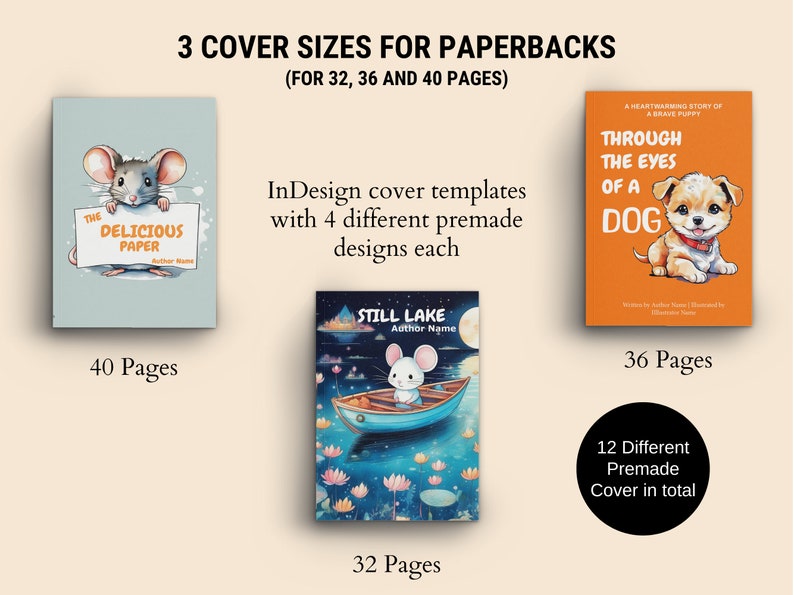 May include: Three InDesign cover templates for paperbacks with 4 different premade designs each. The covers feature illustrations of a mouse, a mouse in a boat, and a dog. The covers are for 40, 36, and 32 pages.