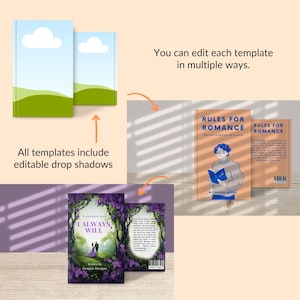 May include: Three book cover templates with editable drop shadows. The first template features a blue sky with white clouds and a green hill. The second template features a woman with glasses reading a book. The text on the cover reads "Rules for Romance". The third template features a couple standing in a forest with purple flowers. The text on the cover reads "I Always Will".