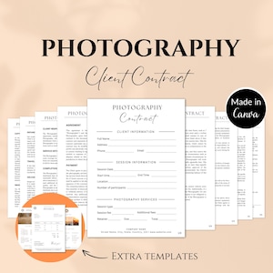 Può includere: Un set di modelli di contratti per clienti di fotografia. Il contratto principale è bianco con testo nero, inclusi campi per le informazioni sul cliente e i dettagli della sessione. Le parole "PHOTOGRAPHY" e "Client Contract" sono in alto. Sono visibili modelli aggiuntivi.