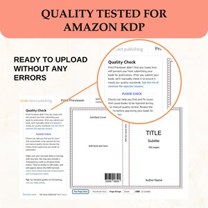 May include: A screenshot of a Kindle Direct Publishing (KDP) quality check tool. The image shows a book cover template with the title "TITLE", subtitle, and author name. The text "Quality Tested for Amazon KDP" is displayed at the top of the image. The image also includes a checklist of quality standards for book publishing.