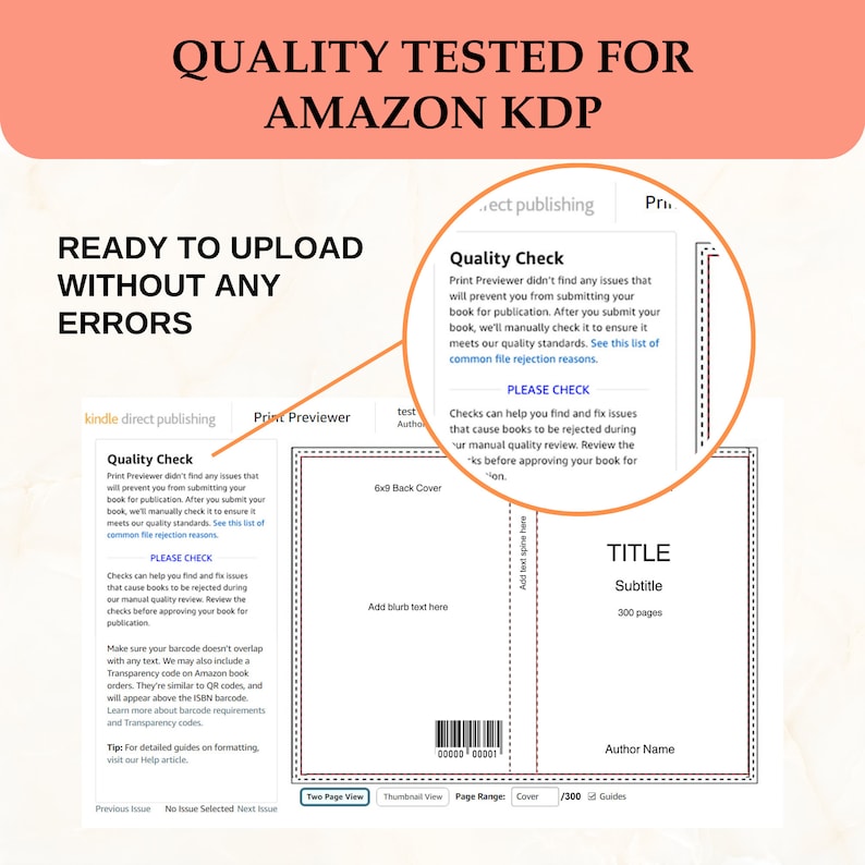May include: A screenshot of a Kindle Direct Publishing (KDP) quality check tool. The image shows a book cover template with the title "TITLE", subtitle, and author name. The text "Quality Tested for Amazon KDP" is displayed at the top of the image. The image also includes a checklist of quality standards for book publishing.