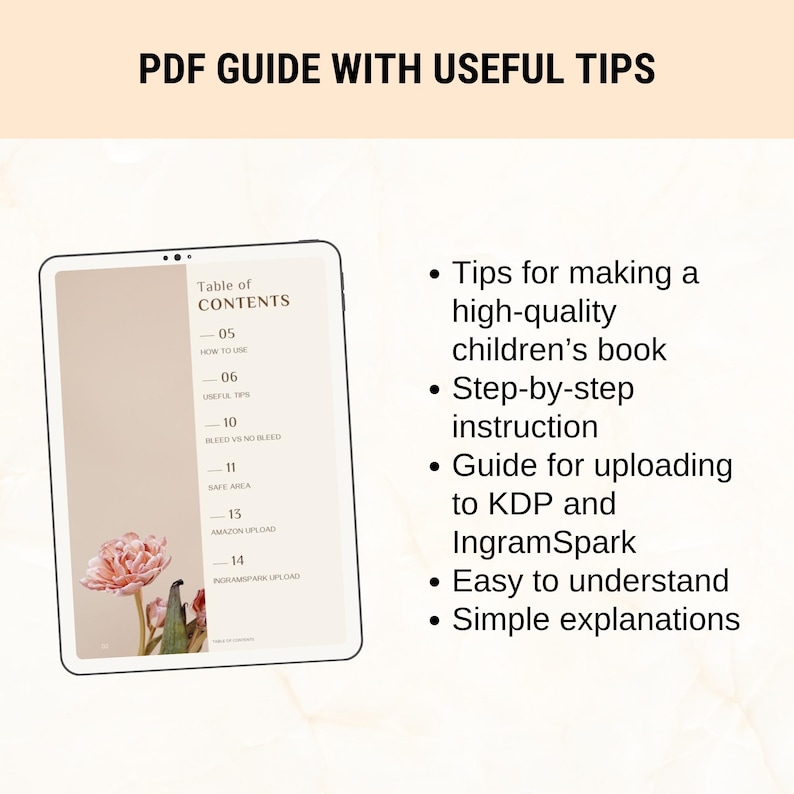 Puede incluir: Una tableta digital muestra una gu&iacute;a PDF con consejos &uacute;tiles para crear libros infantiles. La gu&iacute;a incluye instrucciones paso a paso e informaci&oacute;n sobre la carga en KDP e IngramSpark. El texto de la tableta dice "PDF GUIDE WITH USEFUL TIPS."