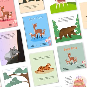 Puede incluir: Una colecci&oacute;n de portadas de libros ilustradas con animales. Las portadas muestran una familia de ciervos, un oso y un tigre, con textos como "Book Title", "Written by Author Name" e "Illustrated by Illustrator Name". La paleta de colores incluye azul, rosa y verde.