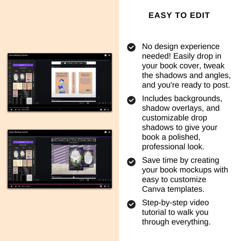 May include: Two screenshots of a Canva mockup tutorial showing how to easily create book mockups with customizable backgrounds, shadows, and angles. The text "EASY TO EDIT" is displayed in the top right corner of the image.