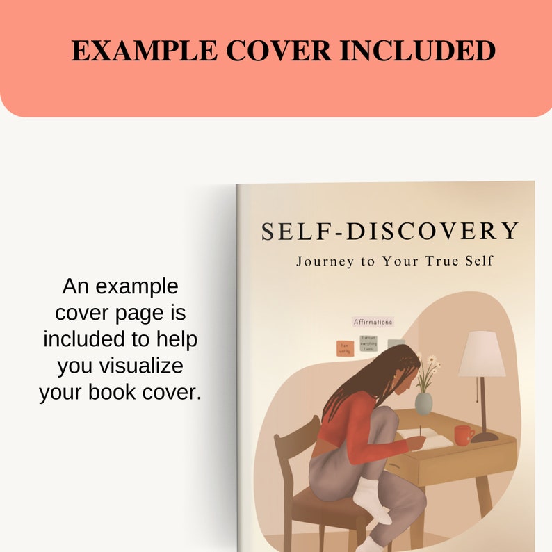 May include: A book cover with a brown background and the title "SELF-DISCOVERY Journey to Your True Self". The cover features an illustration of a person sitting at a desk writing in a journal. The person has dark skin and long black hair. They are wearing a red shirt, gray pants, and white socks.
