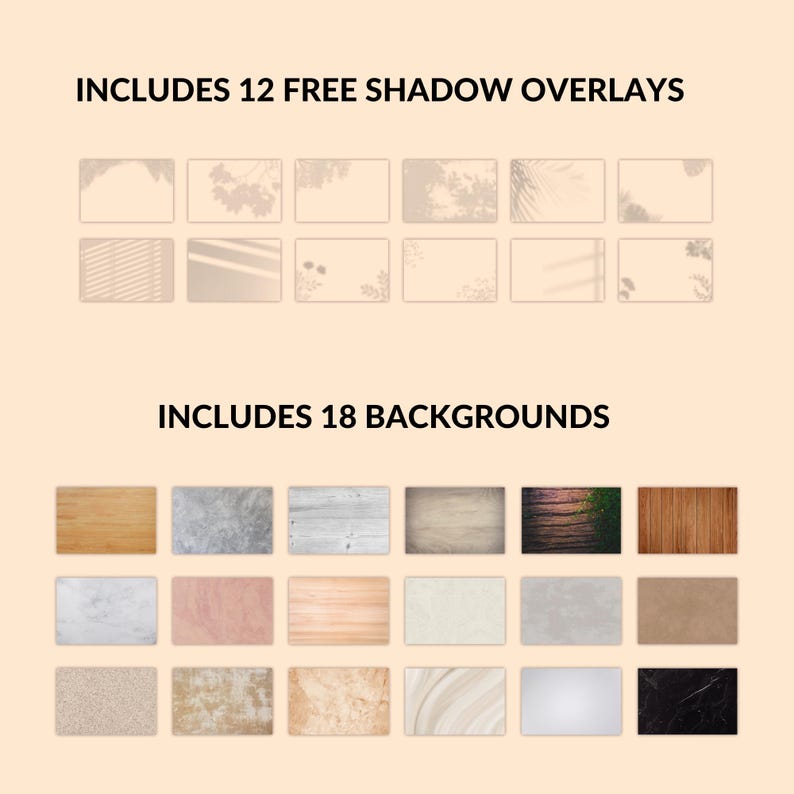 May include: A collection of 12 free shadow overlays and 18 backgrounds for digital design projects. The overlays feature various light and shadow patterns, while the backgrounds include wood, concrete, marble, and other textures.
