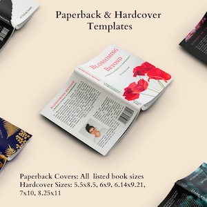 May include: Open book cover mockup with a red poppy flower design. The book title is "Blossoming Beyond: A Woman's Journey to Empowerment". The text "Paperback Covers: All listed book sizes" and "Hardcover Sizes: 5.5x8.5, 6x9, 6.14x9.21, 7x10, 8.25x11" is also visible.