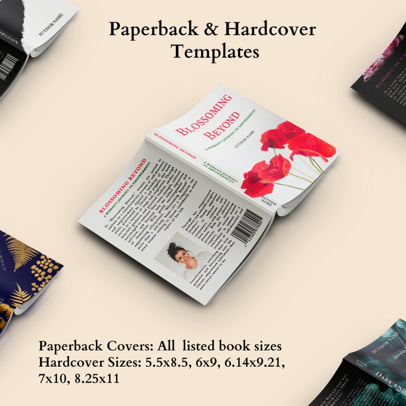 May include: Open book cover mockup with a red poppy flower design. The book title is "Blossoming Beyond: A Woman's Journey to Empowerment". The text "Paperback Covers: All listed book sizes" and "Hardcover Sizes: 5.5x8.5, 6x9, 6.14x9.21, 7x10, 8.25x11" is also visible.