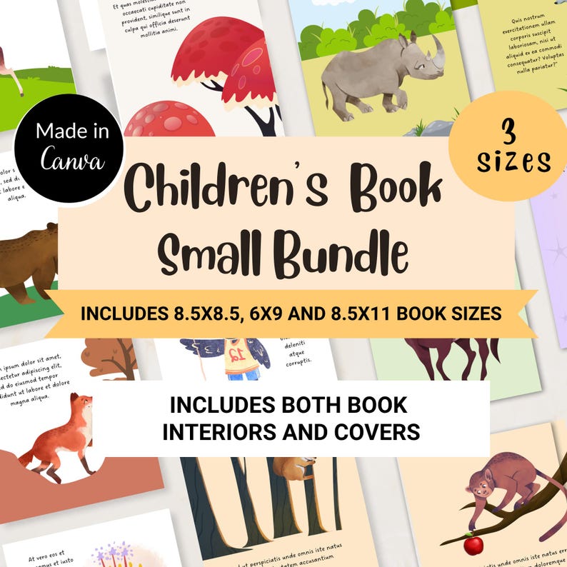 Puede incluir: Un paquete de libros infantiles con ilustraciones de animales y escenas de la naturaleza. El texto dice "Children's Book Small Bundle" e incluye tama&ntilde;os de libro de 21,6x21,6 cm, 15,2x22,9 cm y 21,6x27,9 cm. La imagen tambi&eacute;n indica que incluye tanto interiores como cubiertas de libros.