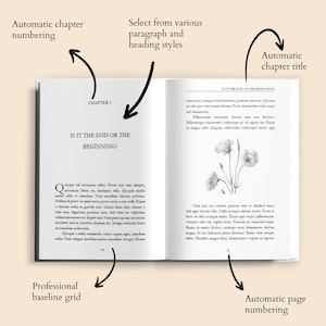 May include: A book open to a chapter titled "Is it the end or the beginning?" with a black and white illustration of a flower on the right page. The book has automatic chapter numbering, chapter titles, and page numbers.
