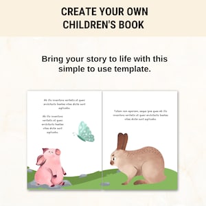 May include: A children's book template with a pink pig on the left page and a brown rabbit on the right page. The text on the left page reads "Ab illo inventore veritatis et quasi architecto beatae vitae dicta sunt explicabo." The text on the right page reads "Totam rem aperiam, eaque ipsa quae ab illo inventore veritatis et quasi architecto beatae vitae dicta sunt explicabo."