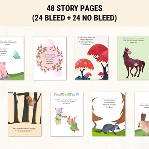 May include: A set of 48 storybook pages featuring illustrations of a pig, butterfly, squirrel, mushrooms, a horse, a raccoon, a rabbit, and a bird. The pages are designed for use with a bleed and without a bleed.