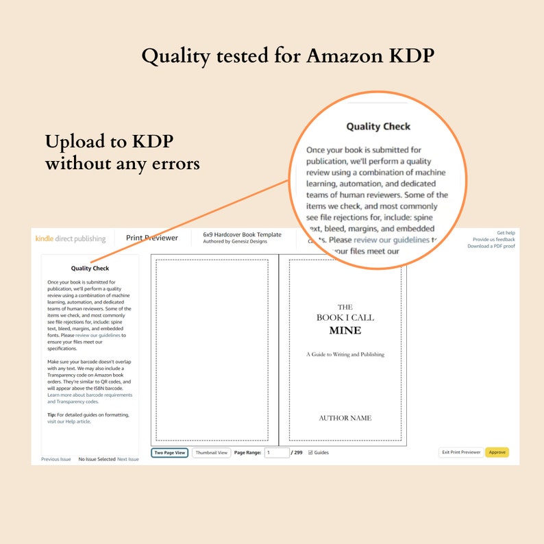 May include: Screenshot of a Kindle Direct Publishing (KDP) page showing the quality check process for book submissions. The page includes a checklist of items to review, such as spine text, bleed, margins, and embedded fonts. The page also includes a preview of a book cover with the title "The Book I Call Mine" and the author's name.