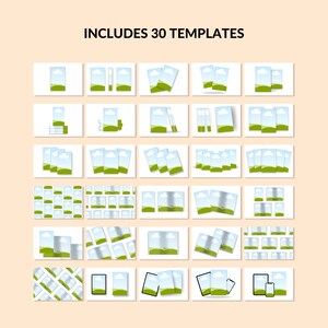 May include: A set of 30 printable templates featuring a simple design of a blue sky with white clouds and green grass. The templates are perfect for creating invitations, cards, or other printable projects.