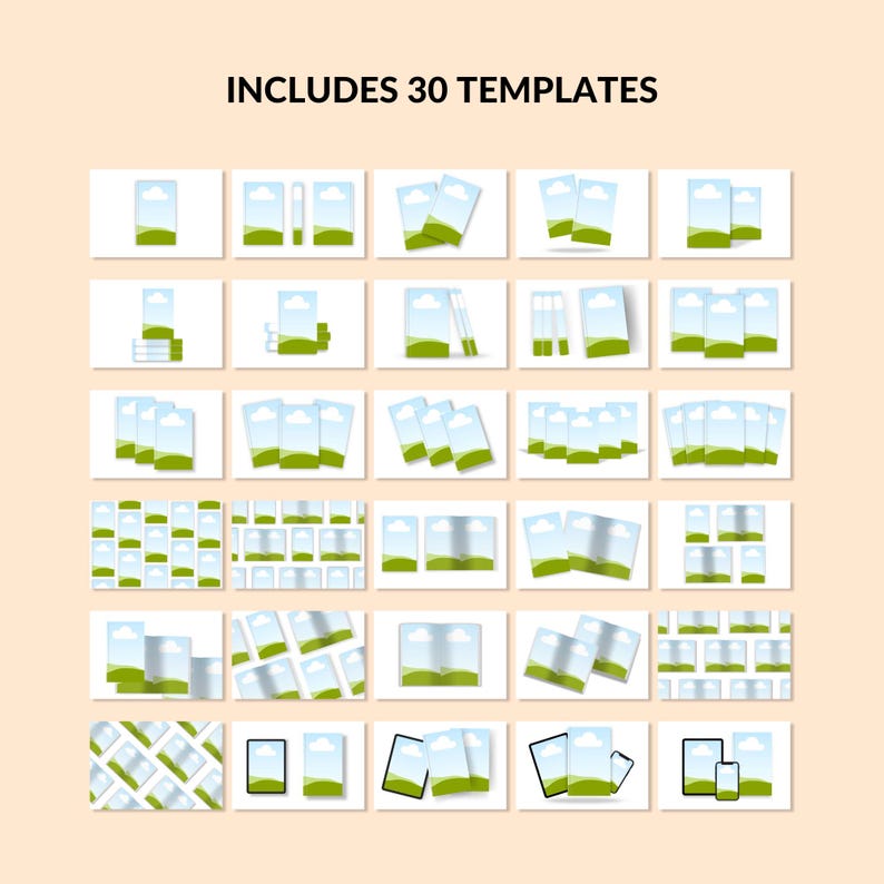 May include: A set of 30 printable templates featuring a simple design of a blue sky with white clouds and green grass. The templates are perfect for creating invitations, cards, or other printable projects.