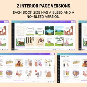 Puede incluir: Un dise&ntilde;o digital que muestra dos versiones de p&aacute;ginas interiores para un libro infantil. El texto dice "2 INTERIOR PAGE VERSIONS" y "EACH BOOK SIZE HAS A BLEED AND A NO-BLEED VERSION." Las p&aacute;ginas presentan ilustraciones de animales y escenas de la naturaleza.