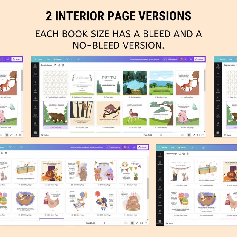 Puede incluir: Un dise&ntilde;o digital que muestra dos versiones de p&aacute;ginas interiores para un libro infantil. El texto dice "2 INTERIOR PAGE VERSIONS" y "EACH BOOK SIZE HAS A BLEED AND A NO-BLEED VERSION." Las p&aacute;ginas presentan ilustraciones de animales y escenas de la naturaleza.