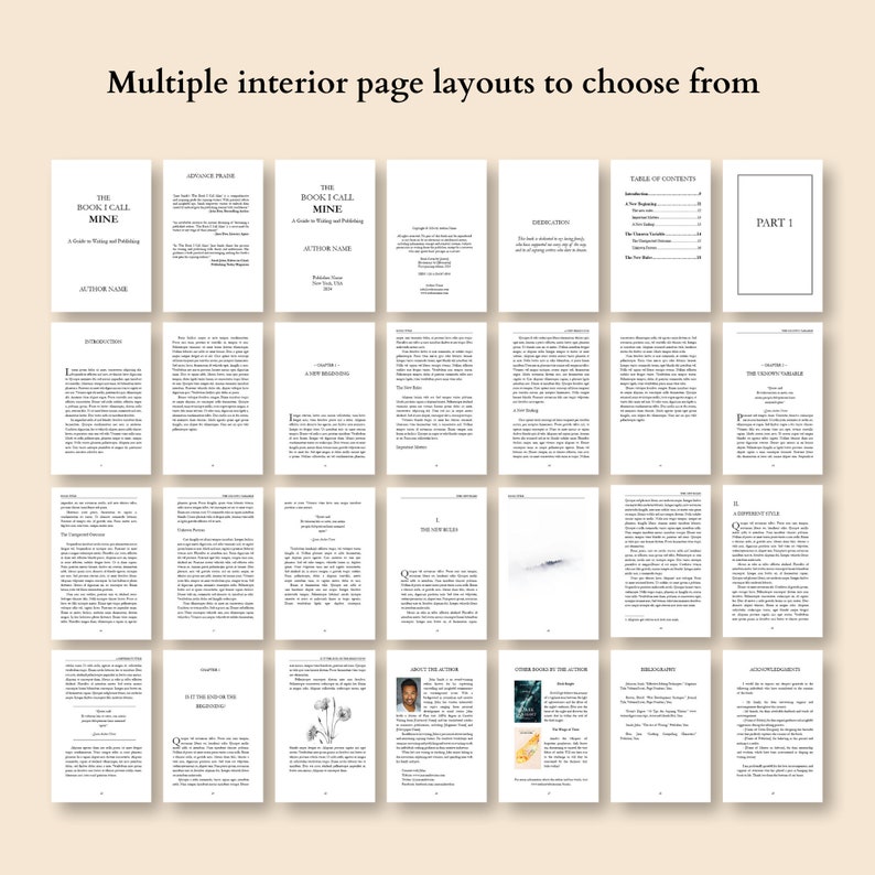 May include: A collection of different interior page layouts for a book. The layouts include a table of contents, dedication, introduction, chapter beginnings, the new rule, about the author, other books by the author, bibliography, acknowledgements, and the discovery variable.