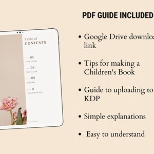 May include: A digital tablet displaying a table of contents for a guide on how to make and publish a children's book. The guide includes tips for making a children's book, uploading to KDP, and simple explanations. The tablet is on a light brown background.