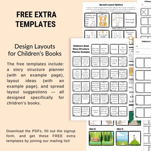 Puede incluir: Gr&aacute;fico beige con texto y ejemplos de dise&ntilde;o para libros infantiles. El texto dice "FREE EXTRA TEMPLATES" y "Design Layouts for Children's Books". Incluye un planificador de estructura de la historia, ideas de dise&ntilde;o y sugerencias de dise&ntilde;o.