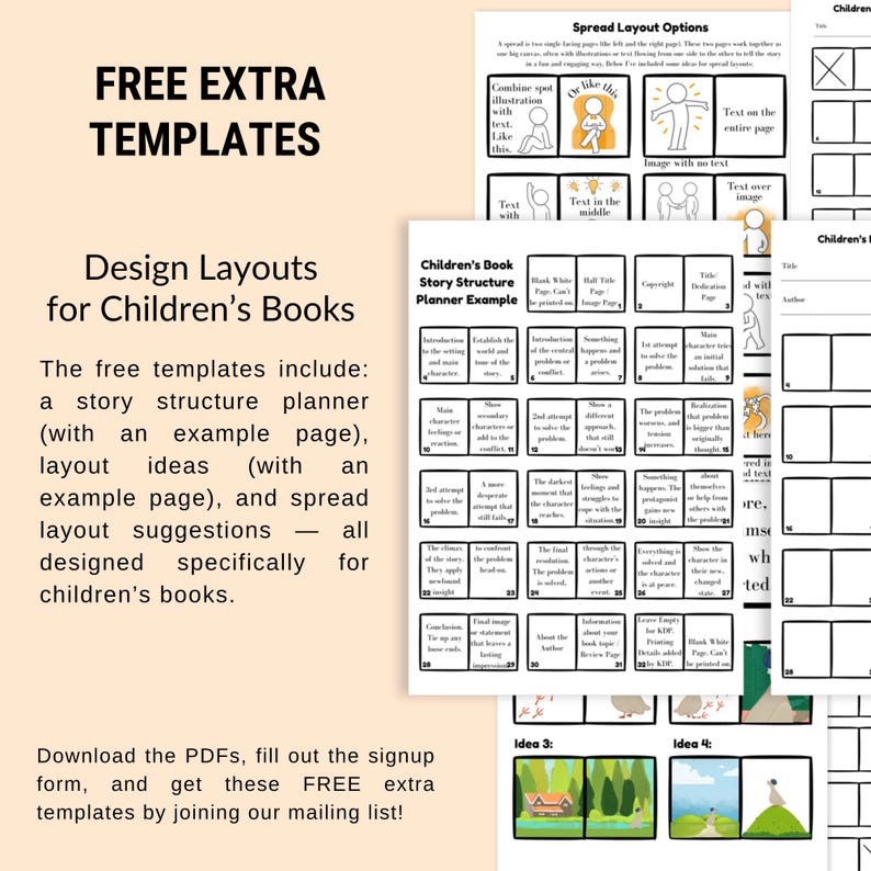 Puede incluir: Gr&aacute;fico beige con texto y ejemplos de dise&ntilde;o para libros infantiles. El texto dice "FREE EXTRA TEMPLATES" y "Design Layouts for Children's Books". Incluye un planificador de estructura de la historia, ideas de dise&ntilde;o y sugerencias de dise&ntilde;o.