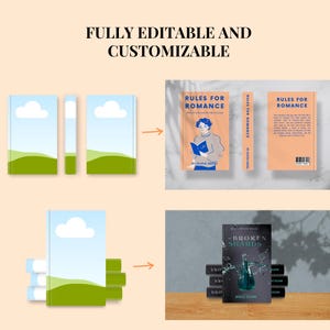 May include: A mockup of a book cover design with a blue sky, green grass, and white clouds. The text on the cover reads "Rules for Romance" by Olivia Natal. The mockup shows the book cover in different orientations and sizes.