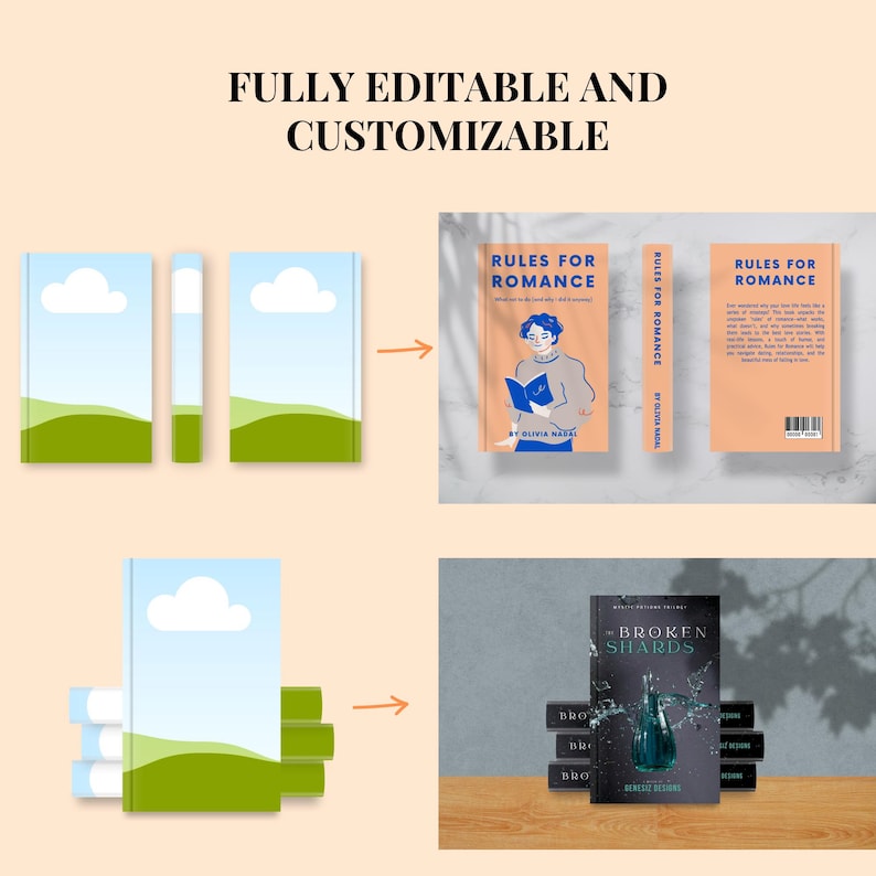 May include: A mockup of a book cover design with a blue sky, green grass, and white clouds. The text on the cover reads "Rules for Romance" by Olivia Natal. The mockup shows the book cover in different orientations and sizes.